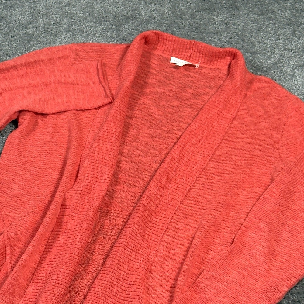 Eileen Fisher Cardigan XS Coral Orange Open Front Linen Blend Lightweight *READ*